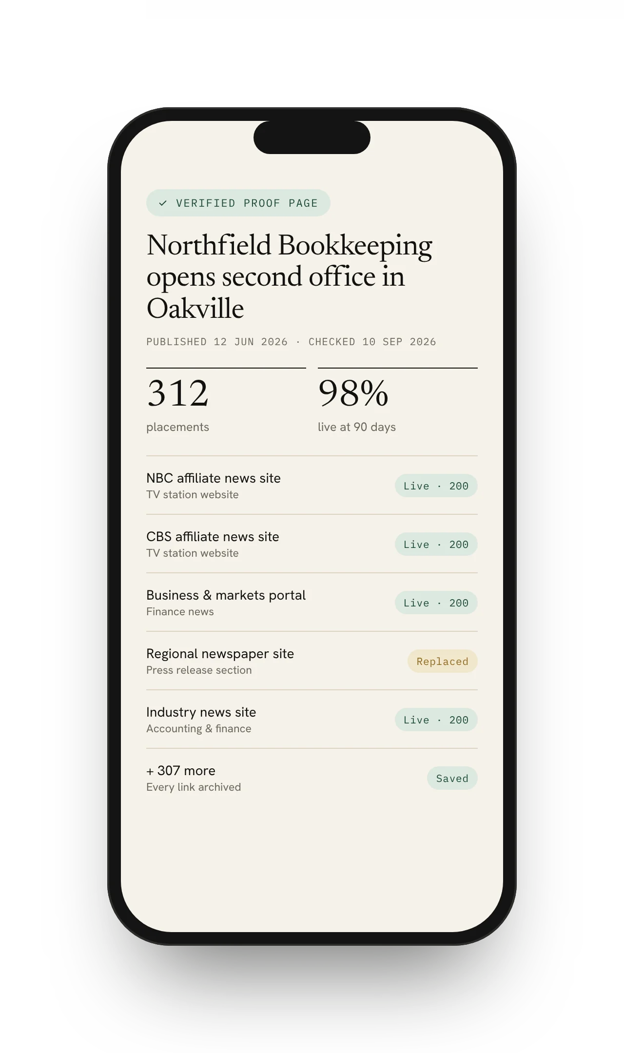 Proof page on a phone listing verified placements